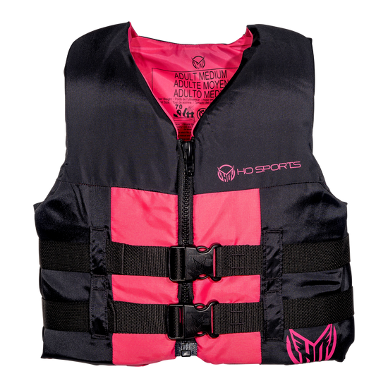 Front view of the Women's Infinite life vest in Black/Pink, black with pink front panels and two buckles.