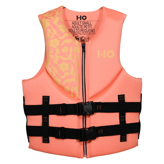 Front view of the Women's Pursuit HRM NEO life vest, coral with yellow floral chest panel and front zip.