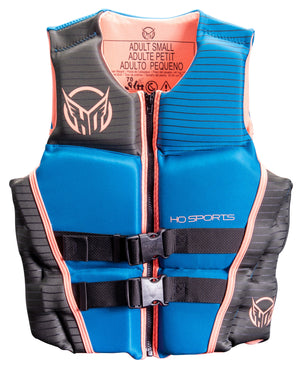 Front view of the Women's System HRM NEO life vest, blue and gray with coral trim, zip, and two buckles.