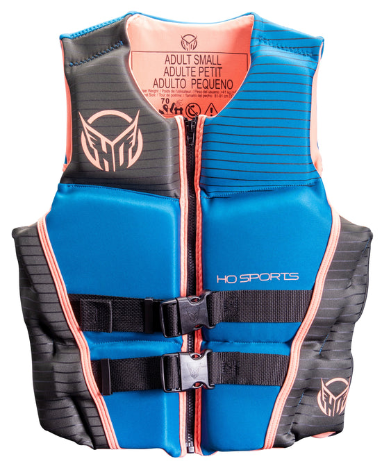 Front view of the Women's System HRM NEO life vest, blue and gray with coral trim, zip, and two buckles.