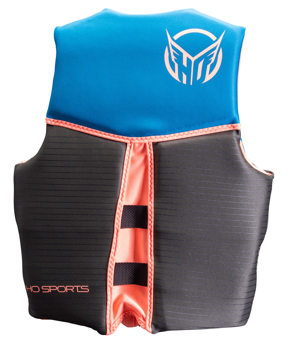 Back view of the Women's System HRM NEO life vest, blue yoke over a gray lower body with coral trim.