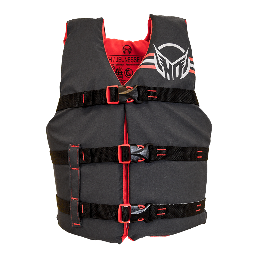 Front view of the Youth Hot Shot life vest, gray and black with red trim, three buckles, and HO logo.