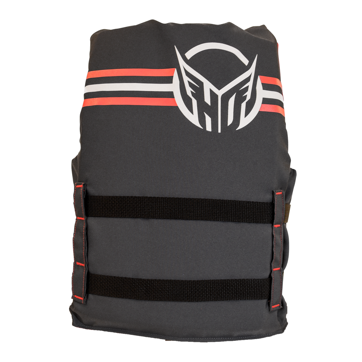 Back view of the Youth Hot Shot life vest, gray with red-and-white stripes, waist straps, and large HO logo.