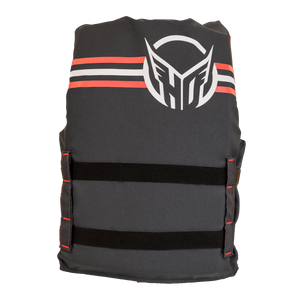 Back view of the Youth Hot Shot life vest, gray with red-and-white stripes, waist straps, and large HO logo.