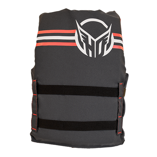 Back view of the Youth Hot Shot life vest, gray with red-and-white stripes, waist straps, and large HO logo.