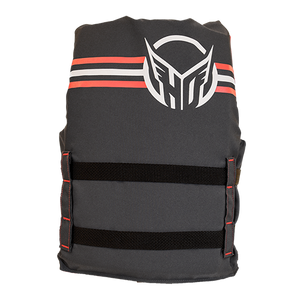 Back view of the Youth Hot Shot life vest, gray with red-and-white stripes, waist straps, and large HO logo.