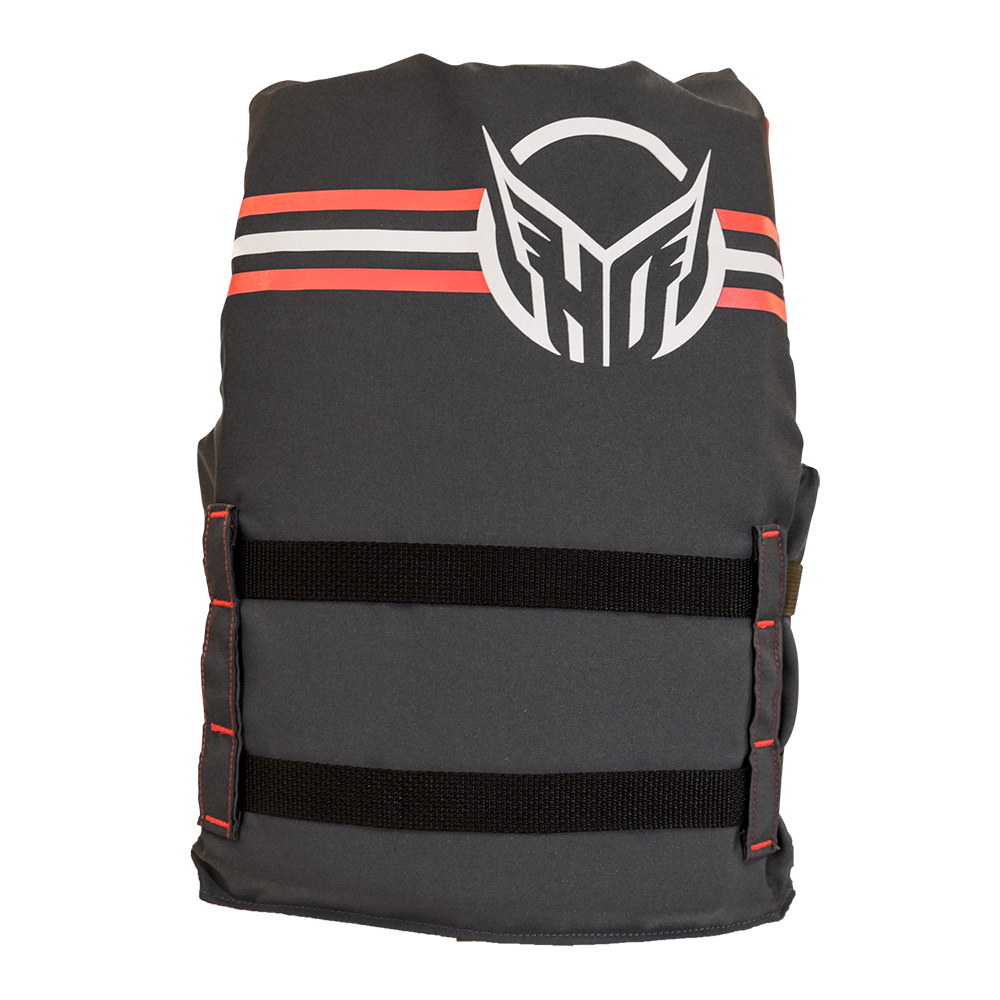 Back view of the Youth Hot Shot life vest, gray with red-and-white stripes, waist straps, and large HO logo.