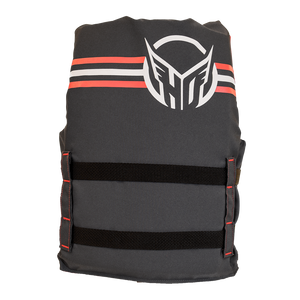 Back view of the Youth Hot Shot life vest, gray with red-and-white stripes, waist straps, and large HO logo.