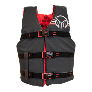 Front view of the Youth Hot Shot life vest, gray and black with red trim, three buckles, and HO logo.