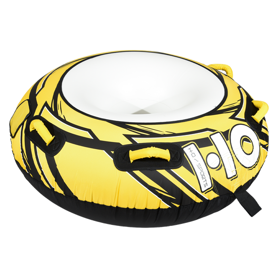 Angled view of the Hornet Tube in yellow and black with a white center and foam-grip tow handles.
