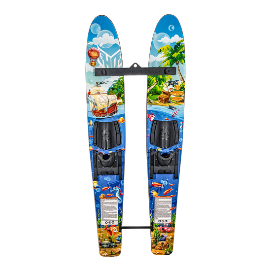Top view of a pair of kids' Hot Shot trainer water skis with a pirate graphic and stabilizer bar.
