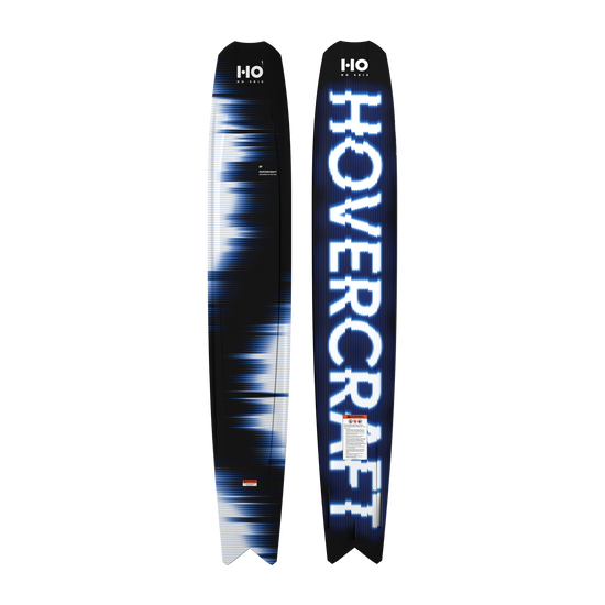 Top and base views of a black and blue Hovercraft wide body slalom water ski with a forked tail.
