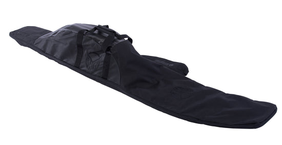 Angled view of the Hovercraft Bag, black padded ski bag with carry handles and a shoulder strap.