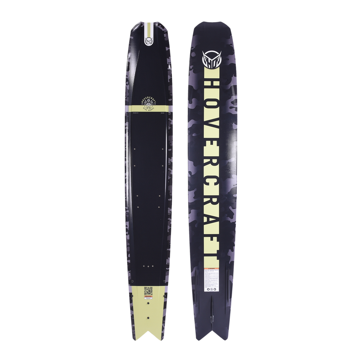 Top and base views of the Hovercraft - Fluro Camo ski, showing its wide-body shape and rugged camouflage graphics.