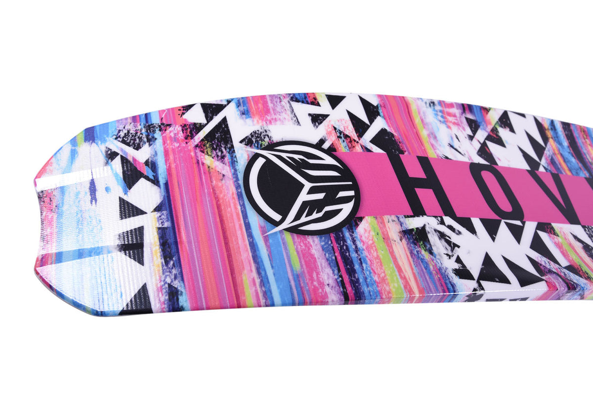 Close up bottom view of a water ski with colorful, geometric pattern and 'HO' logo on a white background