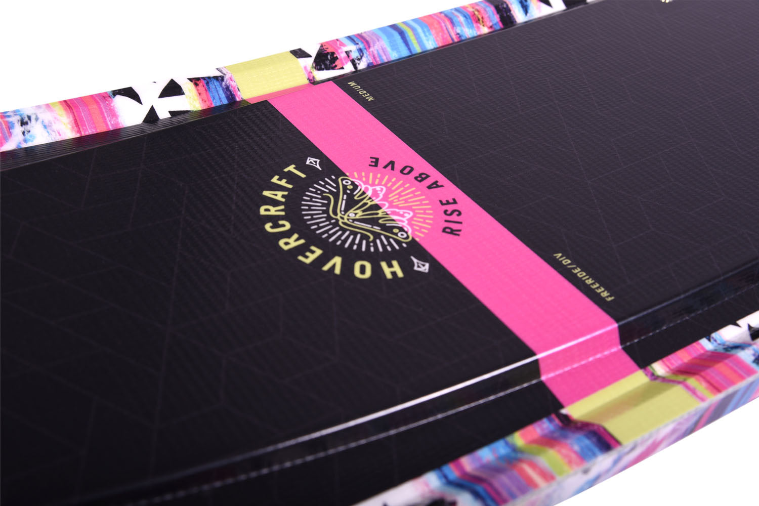 Top view of black hovercraft waterski with colorful accents and Hovercraft Rise Above logo on a black top sheet with a pink line through it.