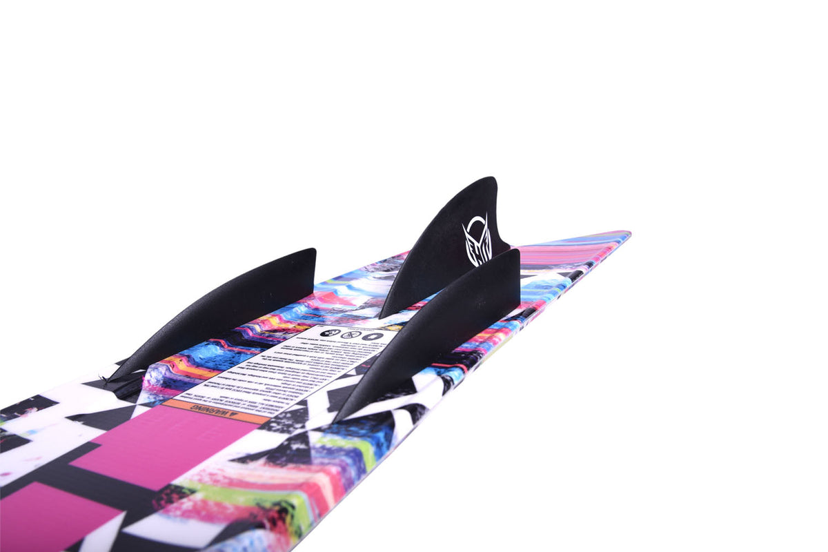 Bottom view of Hovercraft water ski showing the colorful design and  black fins showing the HO Sports logo and safety warnings.