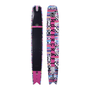 Top and base views of the Hovercraft - Tribal Pink ski, highlighting its vibrant geometric graphics and wide, stable shape.
