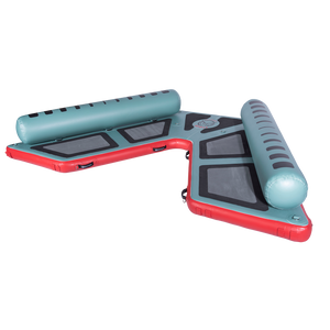 Angled view of the inflatable Hawaii Big Atoll in teal and red with black traction pads and dual side bolsters.