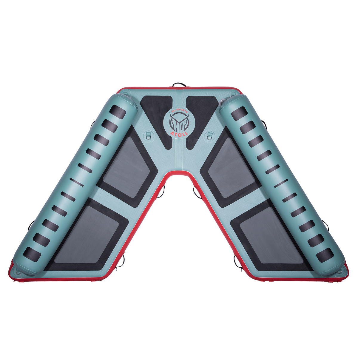 Top view of the inflatable Hawaii Big Atoll in teal and red with black traction pads and dual side bolsters.