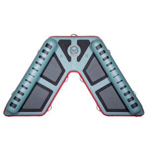 Top view of the inflatable Hawaii Big Atoll in teal and red with black traction pads and dual side bolsters.