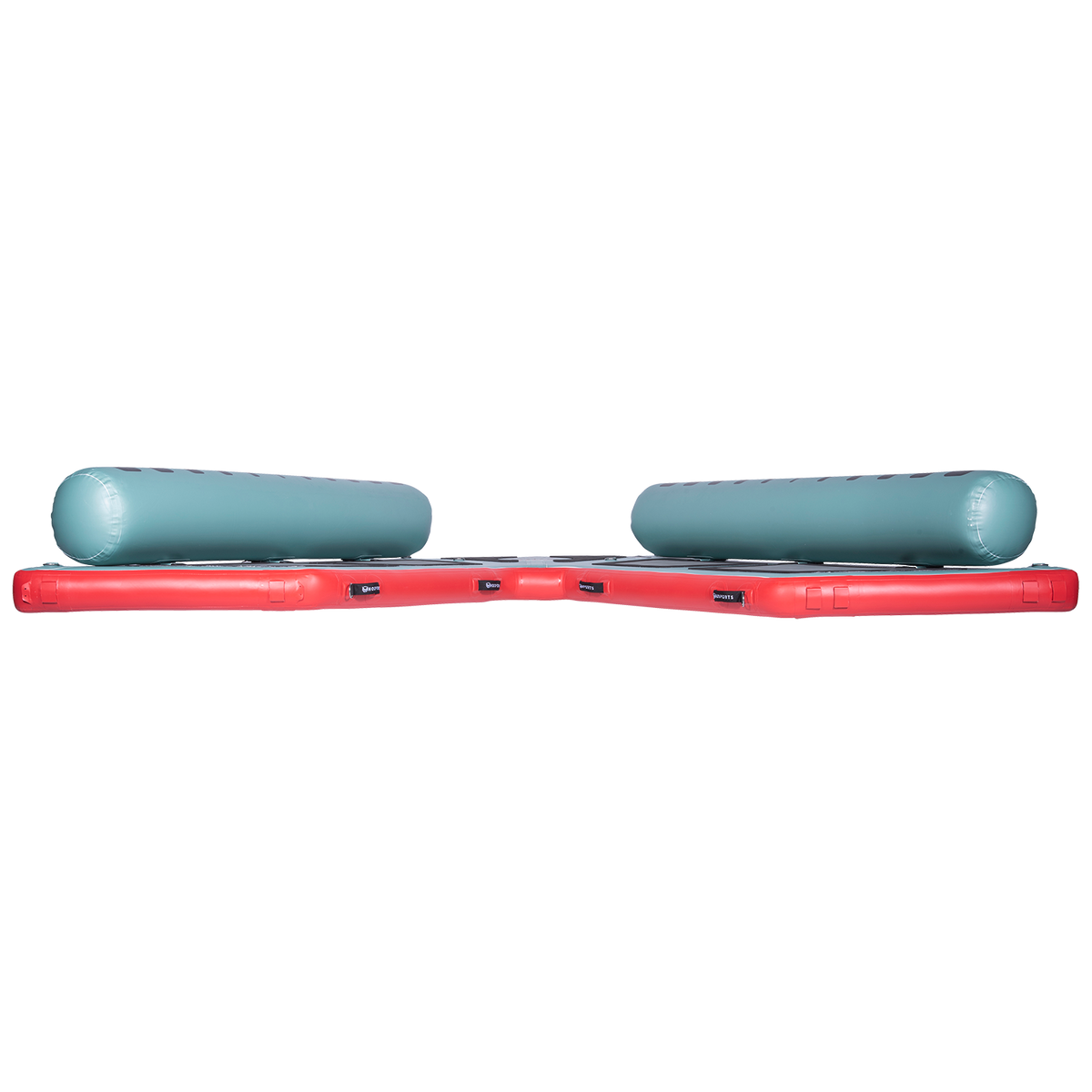 Side view of the inflatable Hawaii Big Atoll in teal and red with black traction pads and dual side bolsters.