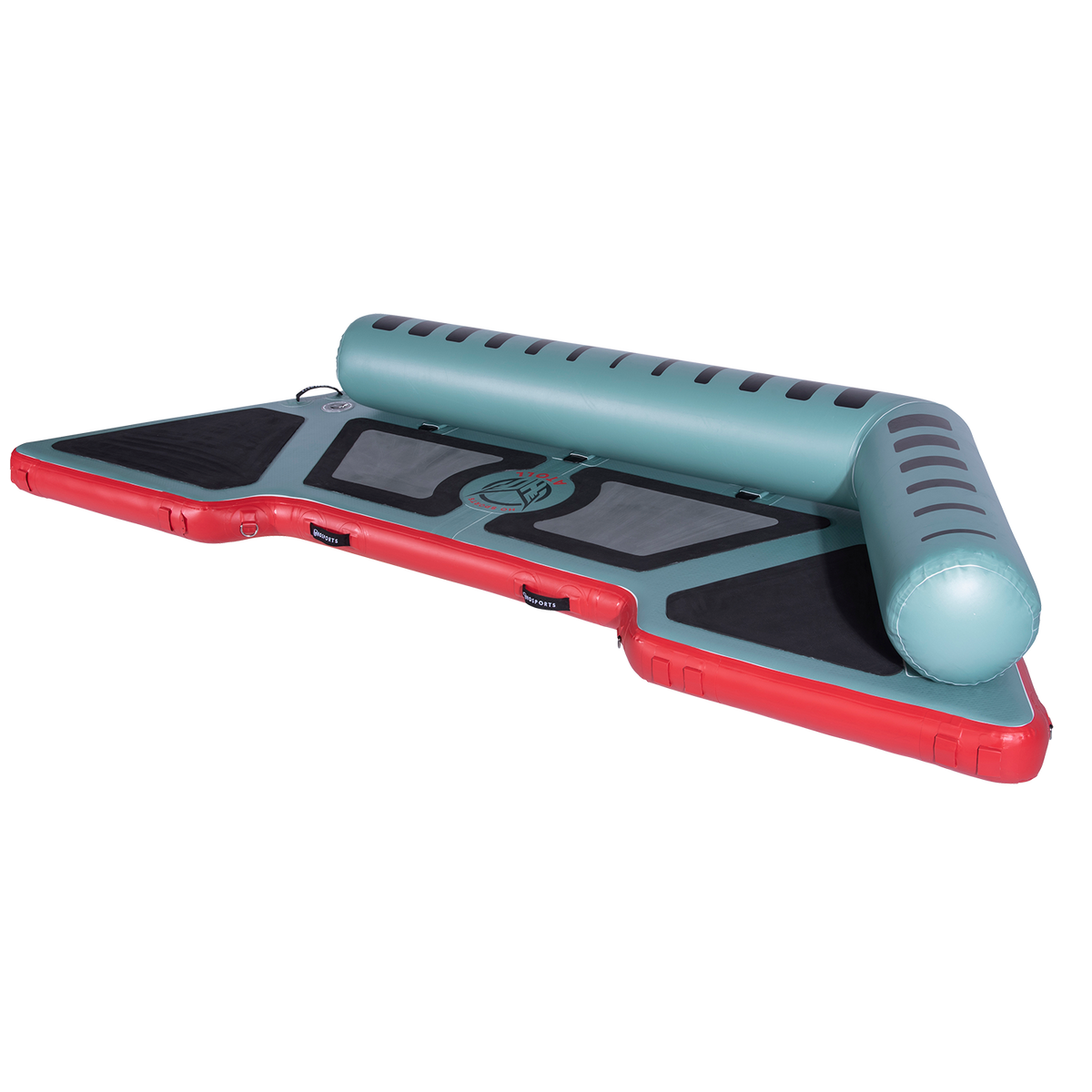 Angled view of the inflatable Hawaii Little Atoll in teal and red with black traction pads and a single side bolster.
