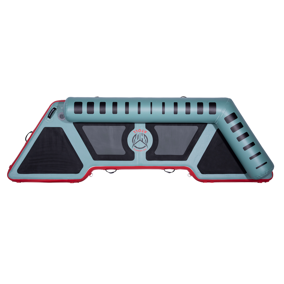 Top view of the inflatable Hawaii Little Atoll in teal and red with black traction pads and a single side bolster.