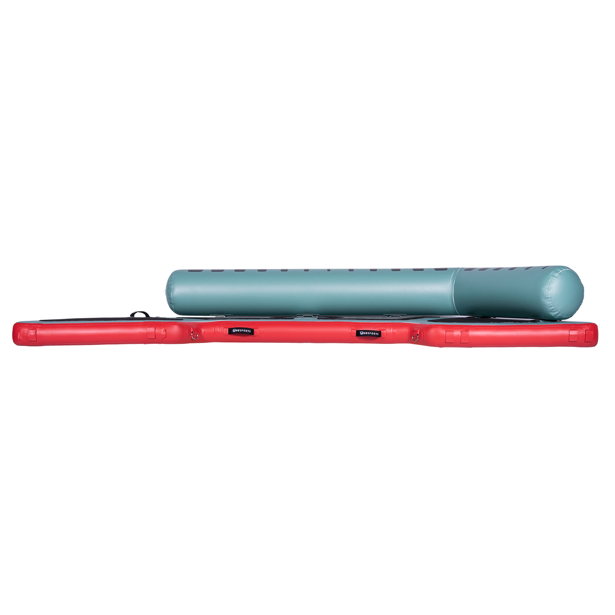 Side view of the inflatable Hawaii Little Atoll in teal and red with black traction pads and a single side bolster.