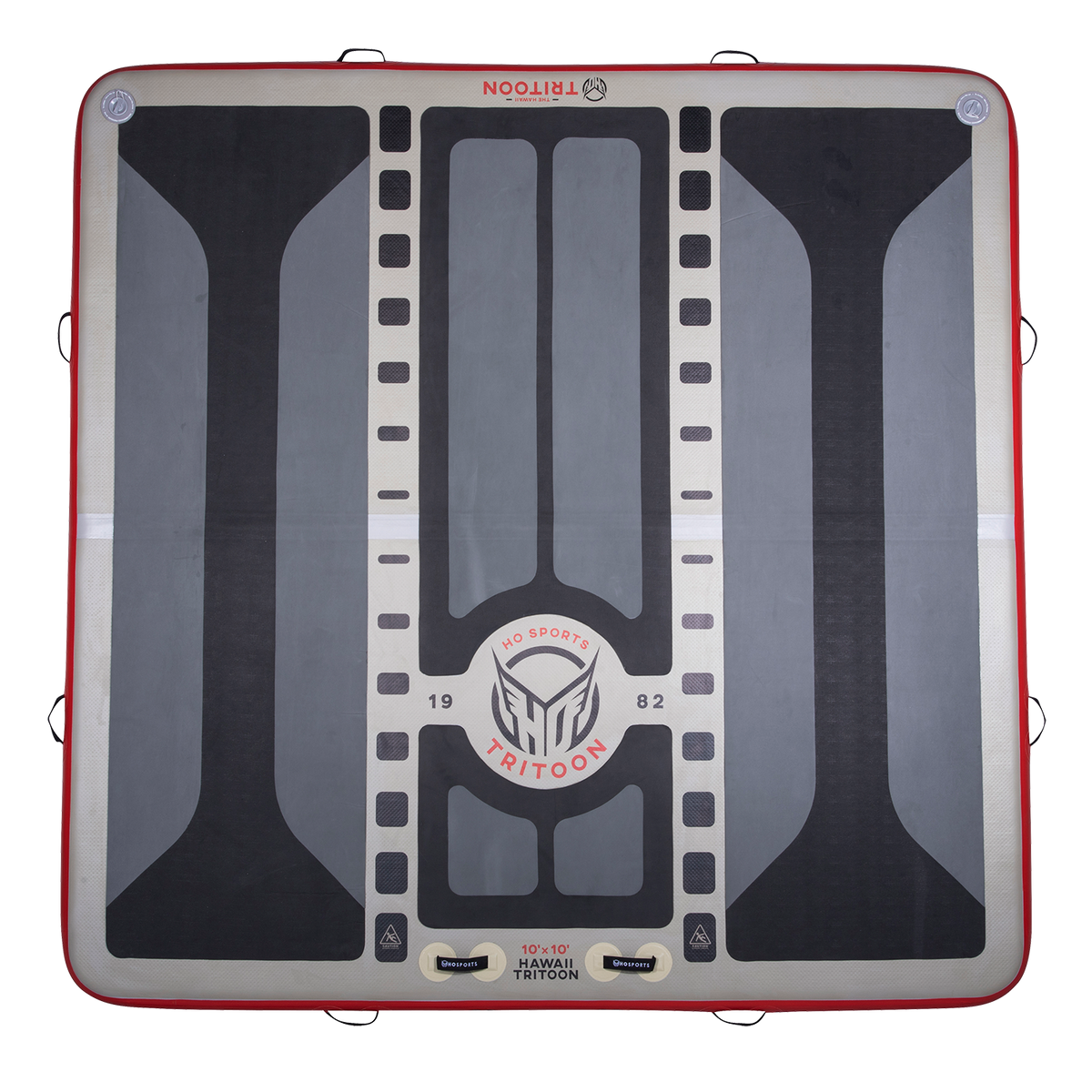Top view of the inflatable Hawaii Tritoon platform in grey and red with a black traction surface and ladder attachment.