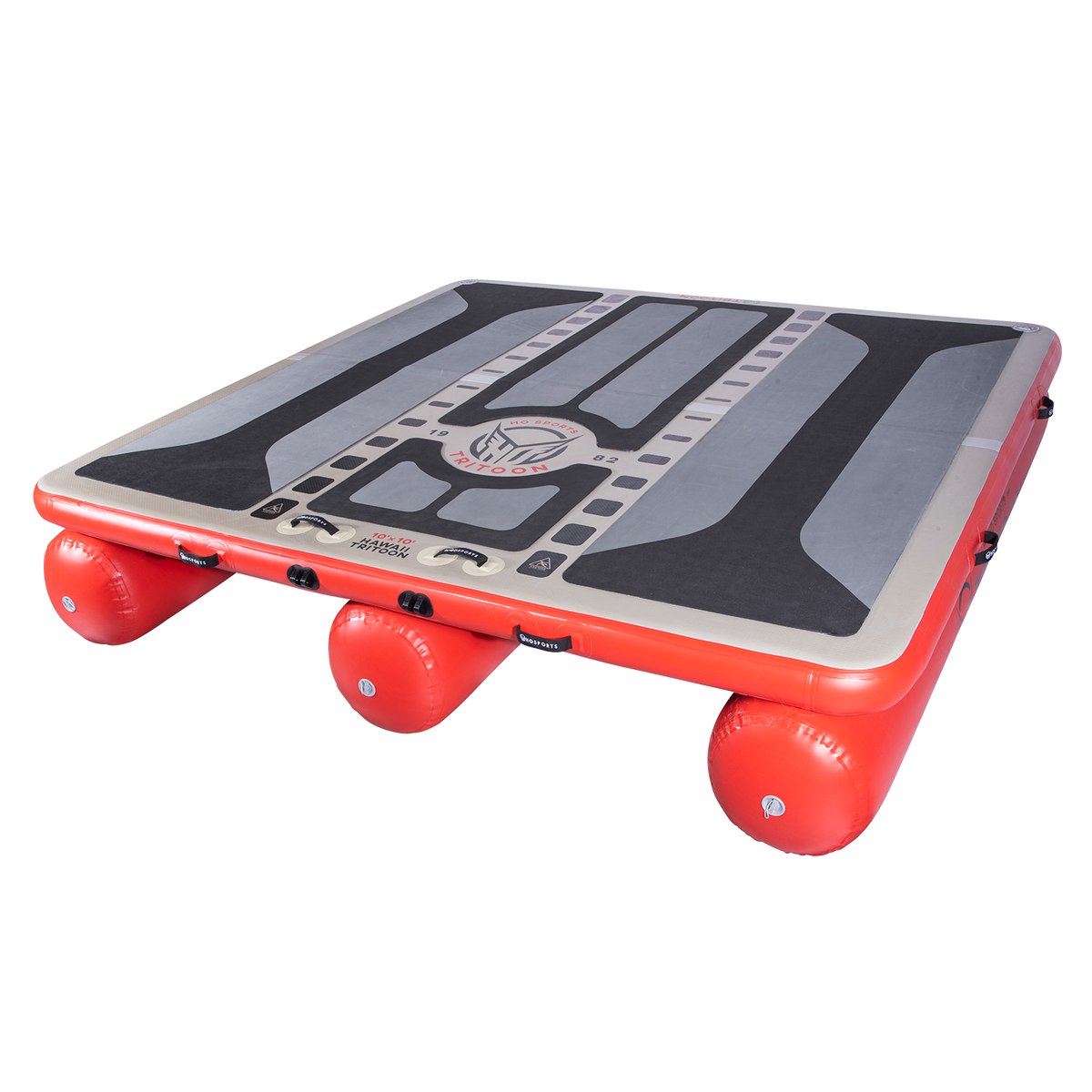 Angled view of the inflatable Hawaii Tritoon platform in grey and red with a black traction surface.