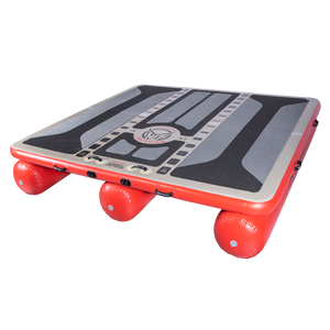 Angled view of the inflatable Hawaii Tritoon platform in grey and red with a black traction surface.