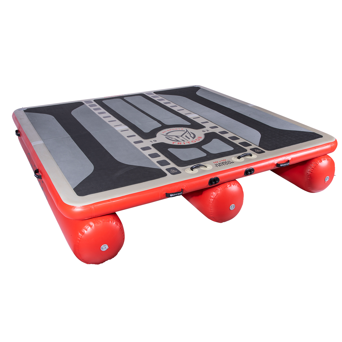 Left-angled view of the inflatable Hawaii Tritoon platform in grey and red with a black traction surface.