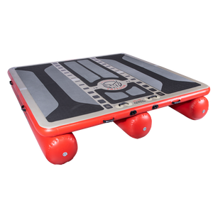 Left-angled view of the inflatable Hawaii Tritoon platform in grey and red with a black traction surface.