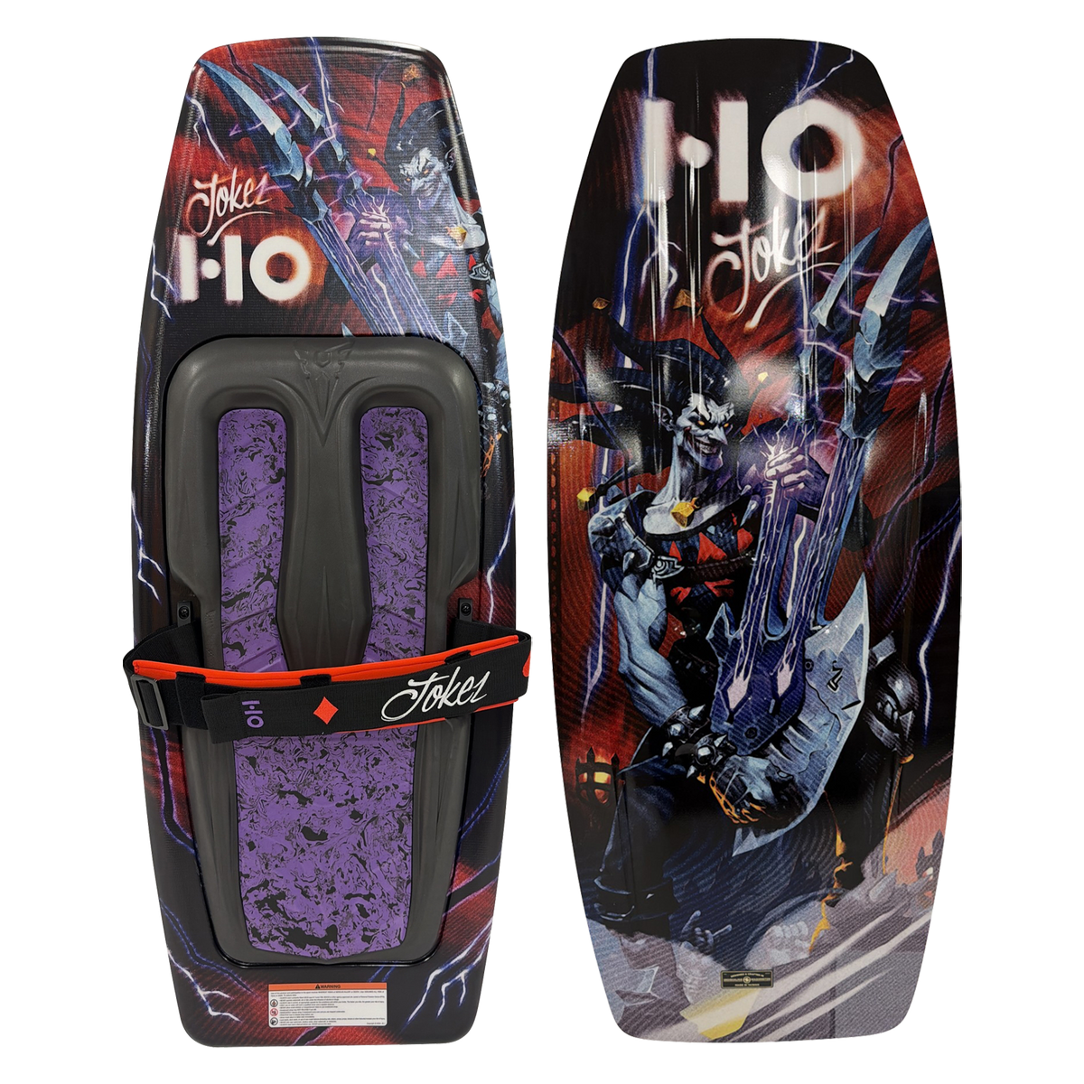 Top and bottom views of the Joker kneeboard with Powerlock strap, purple traction and a joker guitarist graphic.