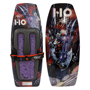 Top and bottom views of the Joker kneeboard with Powerlock strap, purple traction and a joker guitarist graphic.