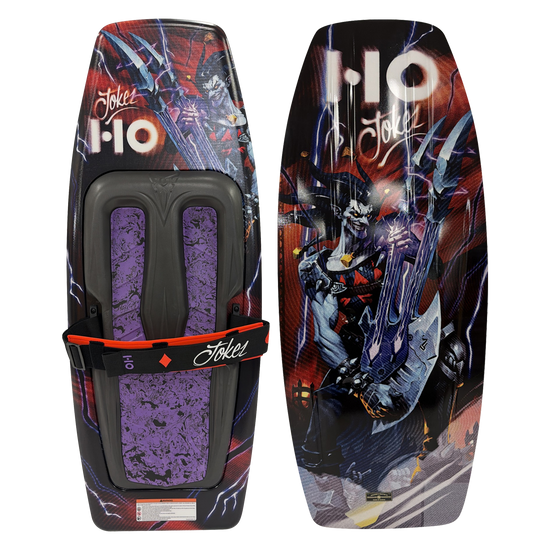 Top and bottom views of the Joker kneeboard with Powerlock strap, purple traction and a joker guitarist graphic.