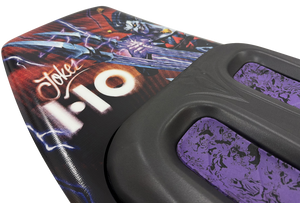 Close-up of the Joker kneeboard with Powerlock strap, nose graphic and black kneepad with purple traction.