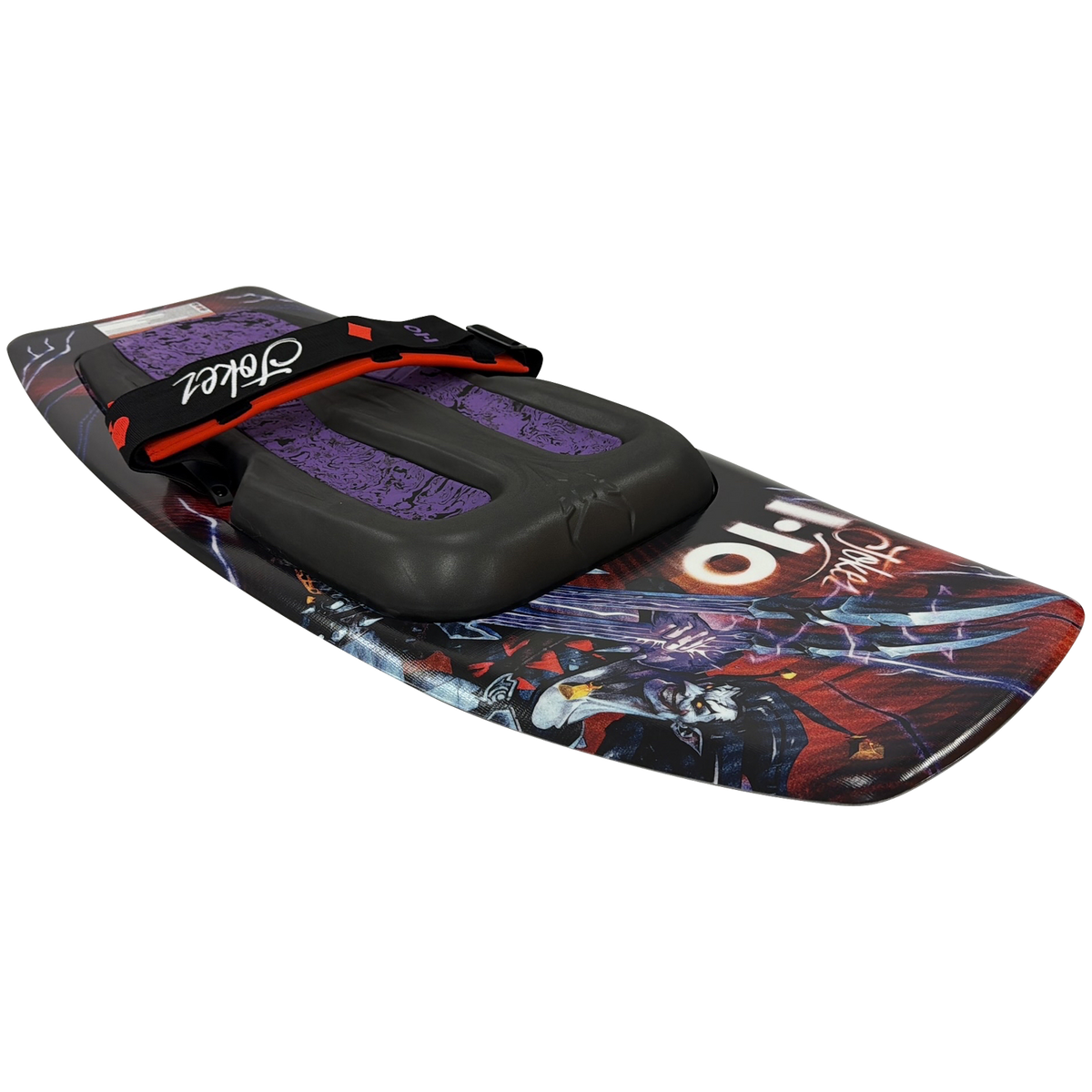 Angled view of the Joker kneeboard with Powerlock strap, black kneepad over purple traction pads.