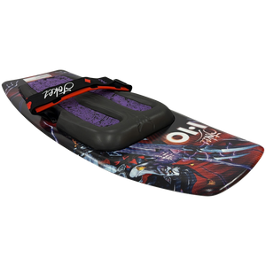 Angled view of the Joker kneeboard with Powerlock strap, black kneepad over purple traction pads.