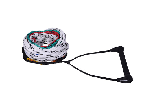 Angled view of the Lazer Package rope and handle, black grip on a coiled white rope with green and red loops.