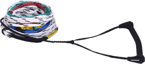 Angled view of the Lazer Radius Package rope and handle, black grip on a coiled white rope with rainbow length loops.