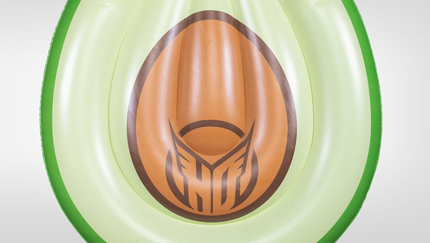 Top-down view of Avocado Lounger's green avocado print with brown pit seat and HO Sports logo.