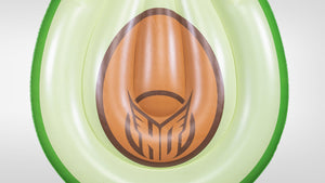 Top-down view of Avocado Lounger's green avocado print with brown pit seat and HO Sports logo.