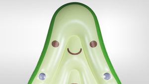 Close-up of Avocado Lounger's light green avocado face graphic with cup holders and cute illustrated expression.