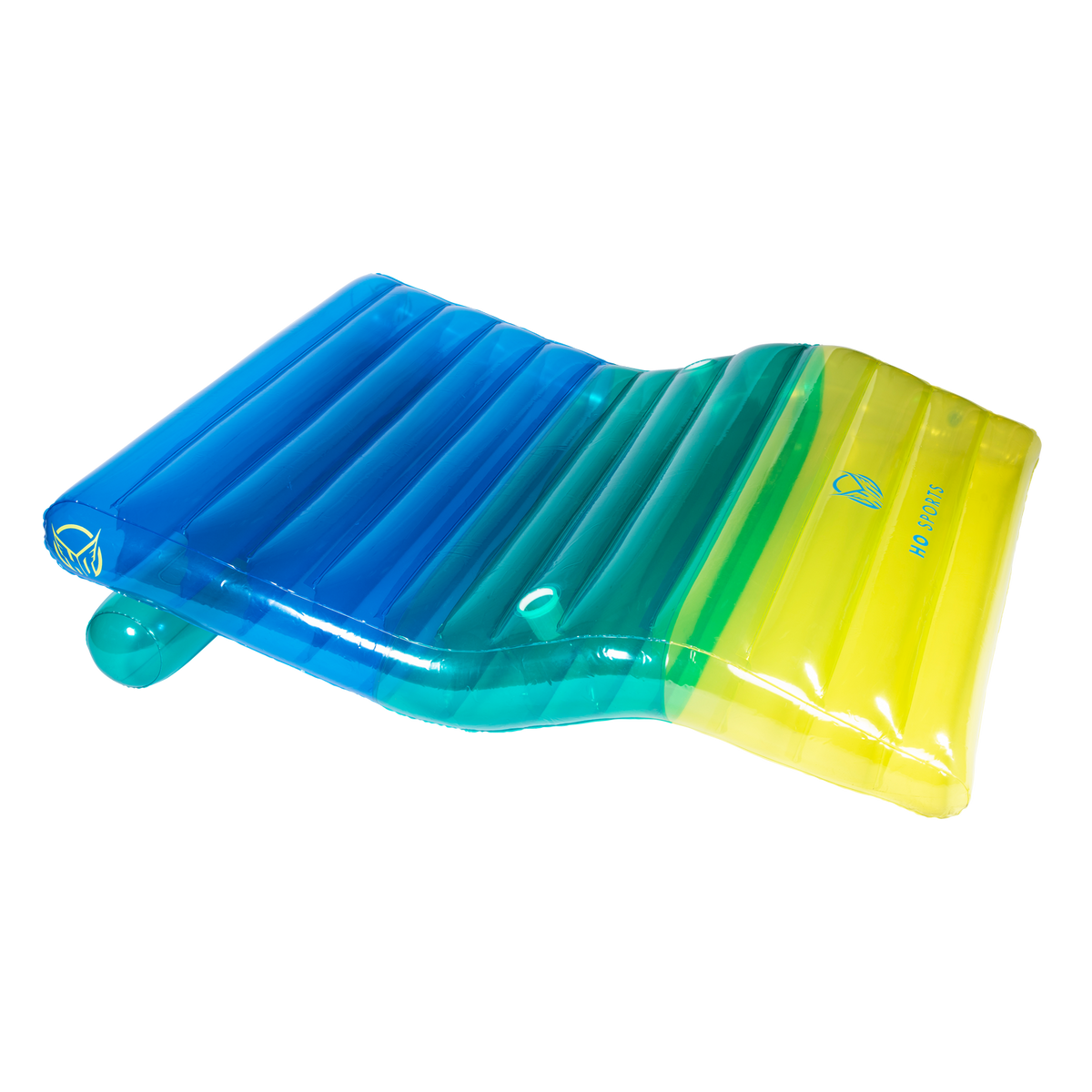 Top-angle view of the Chaise Multi-Lounger, a gradient blue, green, and yellow inflatable float with a contoured shape.
