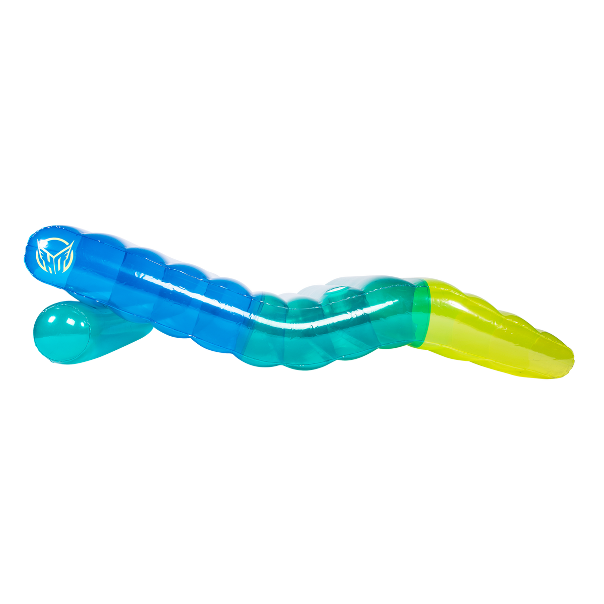 Side view of the Chaise Multi-Lounger, a gradient blue, green, and yellow inflatable lounge float with a contoured shape.