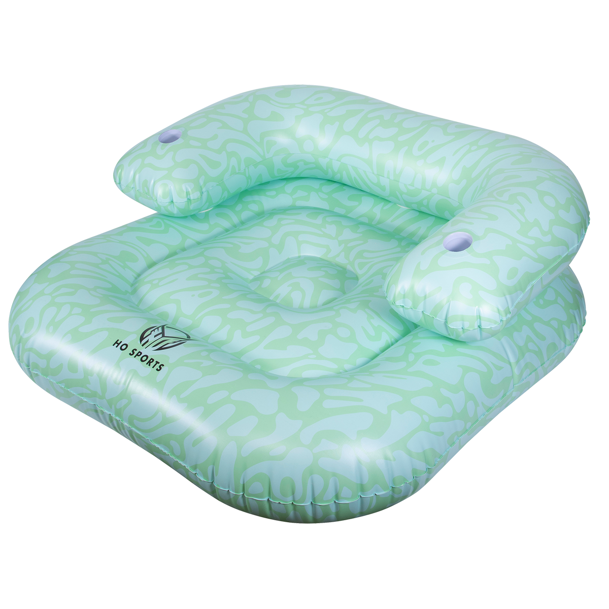 Angled view of the inflatable Lay-Z Lounge float in light green with an abstract pattern and a built-in backrest.