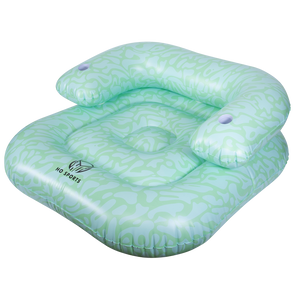 Angled view of the inflatable Lay-Z Lounge float in light green with an abstract pattern and a built-in backrest.