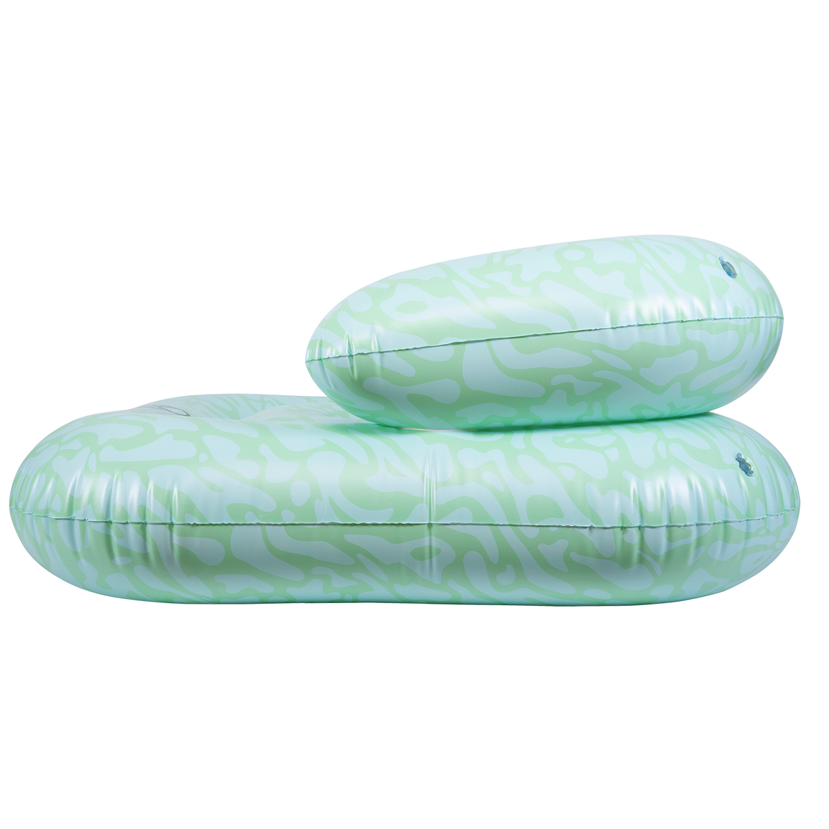 Side view of the inflatable Lay-Z Lounge float in light green with an abstract pattern and a built-in backrest.